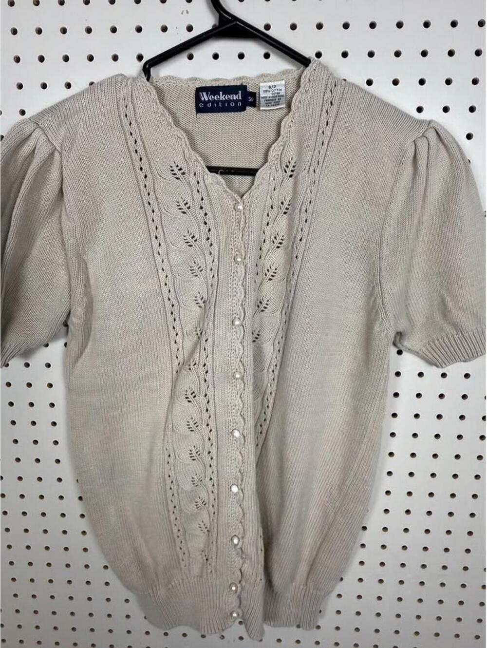 Vintage beige Cotton Short Sleeve Cardigan with puff sleeves women’s size small